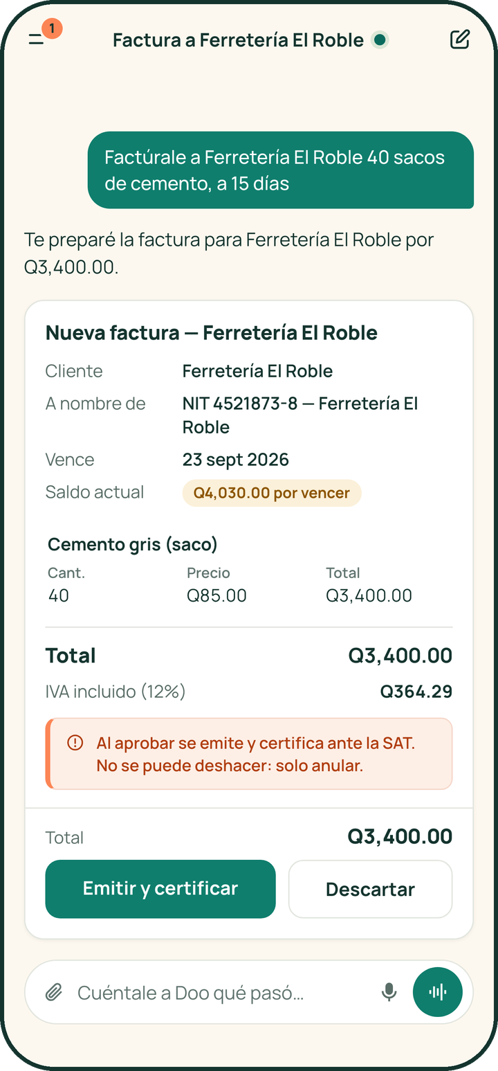 Doo en el teléfono: el resumen de una factura FEL lista para aprobar